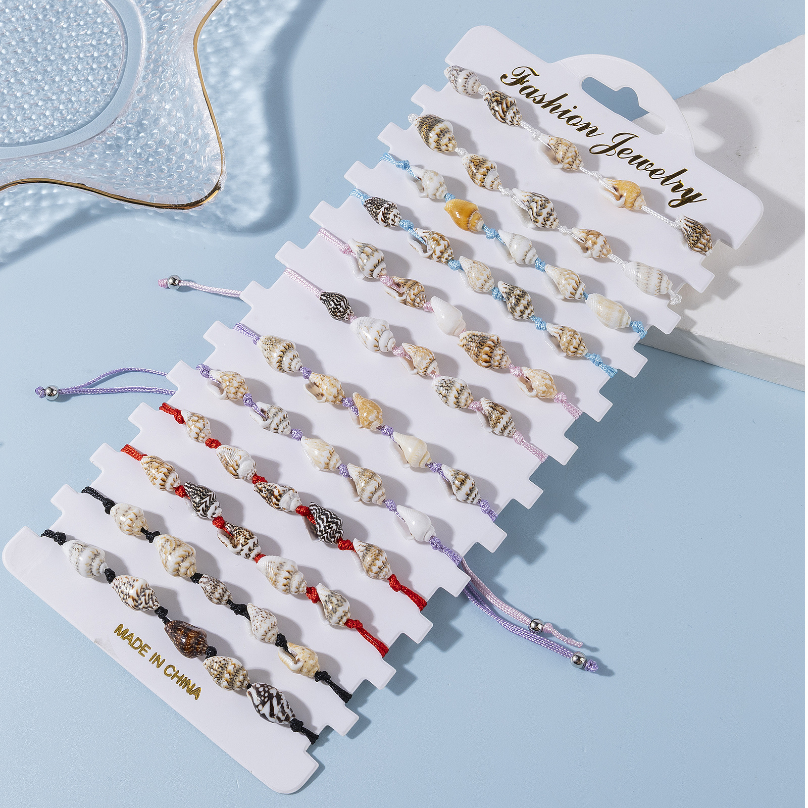 12pcs Natural Conch Bracelet Cowrie Shell Braided Adjustable Stackable Wristbands
